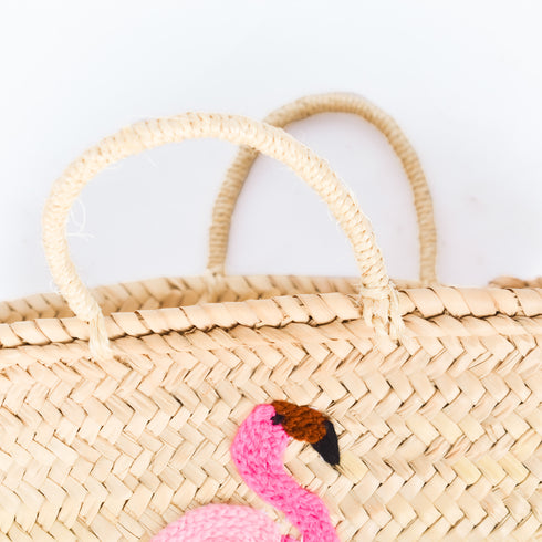 Flamingo Embroidered Basket 🦩- Tropical Handwoven Summer Tote
